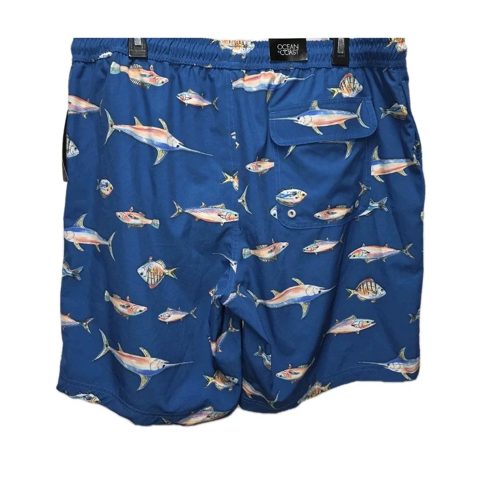 Mens Ocean Coast Lined Swim Shorts Blue Rainbow Fish New Sz XL Coastal Beach